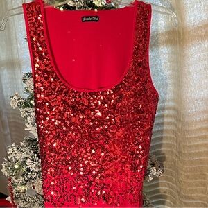 NWT VALENTINE RED SEQUINS FRONT, SZ-L SLEEVELESS CAMISOLE by SCARLET BLVD